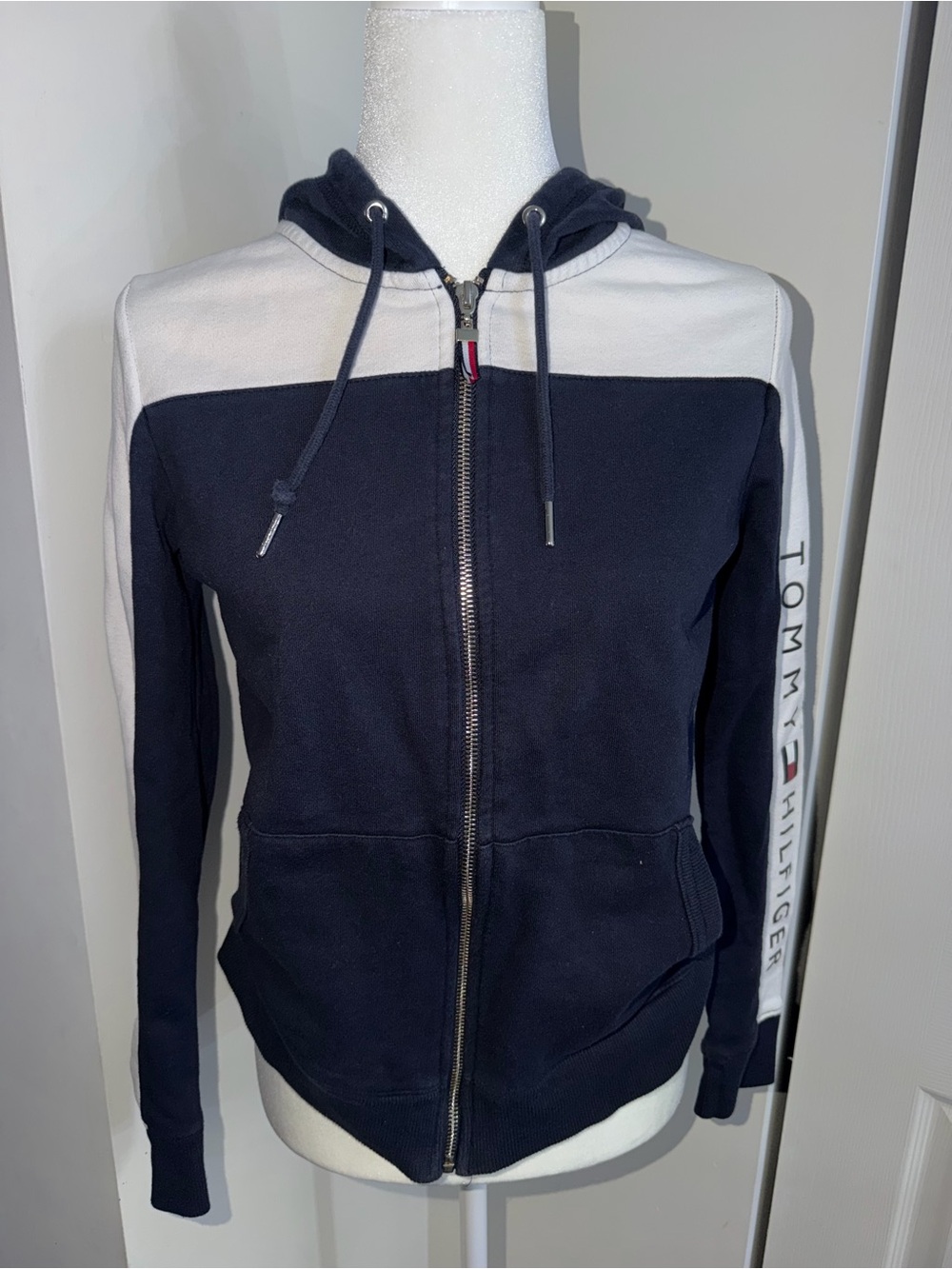 Tommy Hilfiger Navy and White Colorblock Zip-Up Hoodie